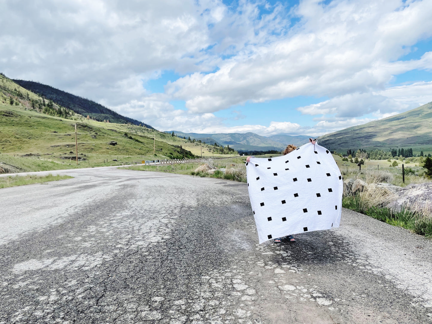 a person holds a modern minimalist quilt on the side of a road under blue sky