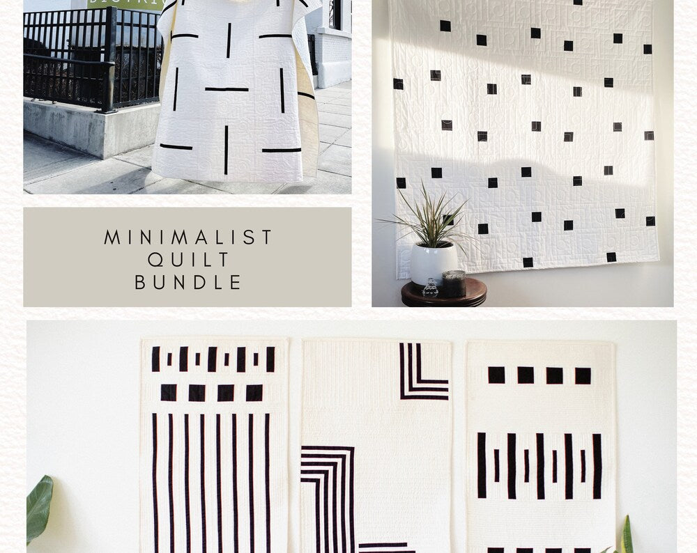 A collection of minimalist quilt patterns featuring geometric designs in black and white, suitable for beginner quilters.