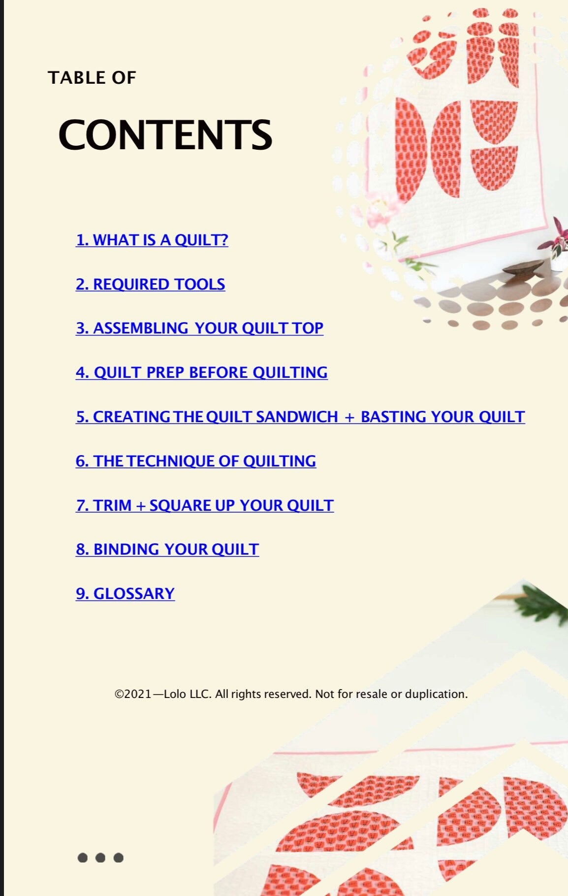 A page of a Learn to Quilt book showing the table of contents covering the steps of quilting. 